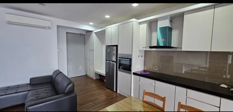 Kitchen features: white cabinetry, black countertop, stainless-steel fridge, built-in oven, stainless-steel range hood, ceramic tile backsplash, single-bowl stainless-steel sink, chrome pull-down faucet, wooden flooring, recessed downlights, wall-mounted split AC; style: modern. Living features: black leather sofa, wooden dining table, wooden dining chairs, wall-mounted TV, laminate flooring; style: modern.