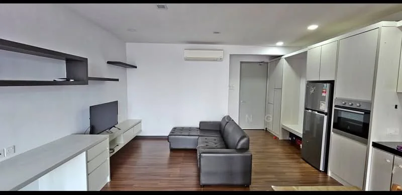 Living features: dark leather sectional sofa, wall-mounted TV, white TV console, floating shelves, air conditioning unit, laminate flooring, recessed lighting, grey cabinetry, stainless-steel fridge, built-in oven, kitchen countertop, open layout; style: modern.