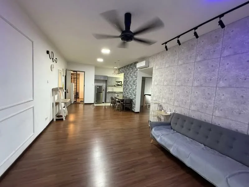 Living features: laminate wood flooring, grey fabric sofa, 5-blade ceiling fan, recessed LED downlights, decorative wall with stone cladding, white painted walls, dining table with chairs, open layout to kitchen, wall-mounted air conditioning unit; style: modern. Kitchen features: stainless-steel fridge, kitchen cabinetry, open shelving, countertop, tile backsplash; style: modern.