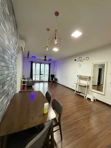 Living features: wooden flooring, grey accent wall with stone cladding, white painted walls, recessed downlights, pendant light fixture, floor-to-ceiling windows, sheer curtains, dining table with four chairs, full-length mirror, decorative wall clock; style: modern; view: garden.