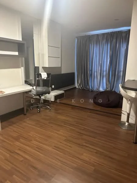 Room features: laminate wood flooring, white painted walls, floor-to-ceiling windows with sheer curtains, built-in wardrobe, study desk, office chair, bean bag, raised platform area, decorative wall panel, LED lighting; style: modern.