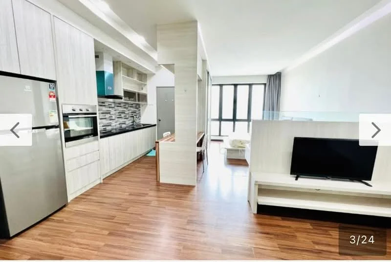 Living features: laminate wood flooring, white painted walls, floor-to-ceiling windows, grey curtains, TV console, wall-mounted TV, open shelving, refrigerator, built-in oven, kitchen cabinetry, grey tile backsplash, countertop, stainless-steel sink, kitchen island, dining area; style: modern.