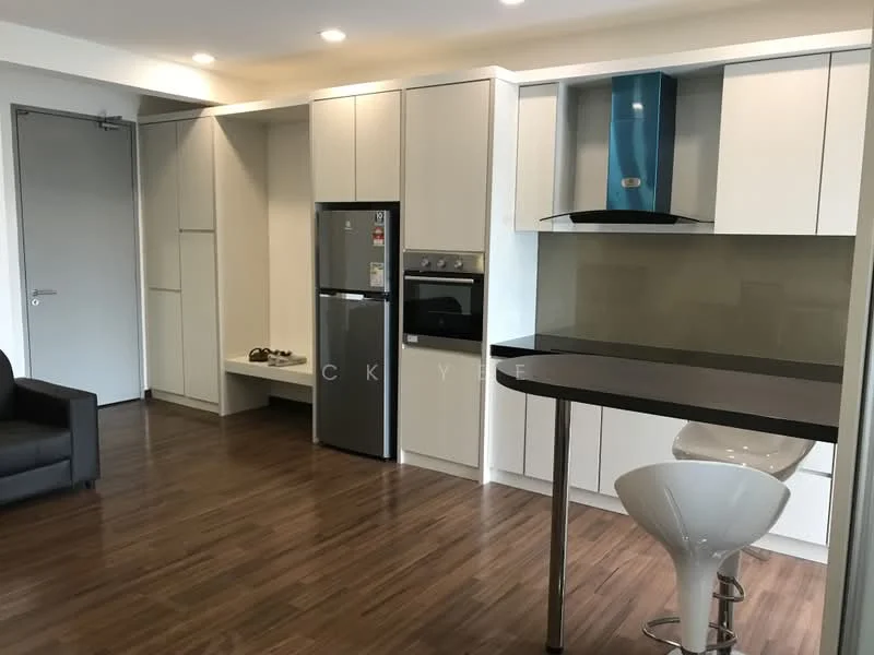 Kitchen features: white cabinetry, black countertop, stainless-steel fridge, built-in oven, glass backsplash, bar stool seating, single-bowl stainless-steel sink, chrome pull-down faucet, wood laminate flooring, recessed downlights, open shelving, modern design; style: modern.