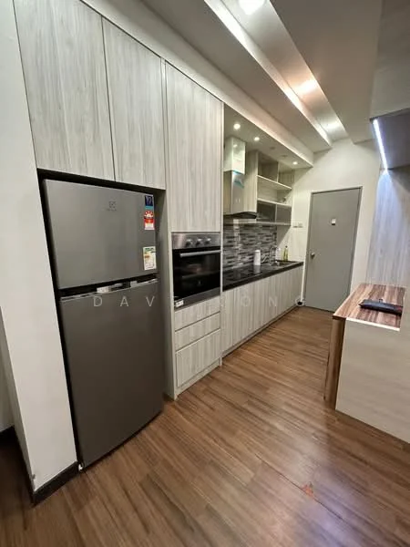 Kitchen features: grey laminate cabinetry, stainless-steel fridge, built-in oven, ceramic cooktop, grey tile backsplash, wooden countertop, recessed downlights, wooden flooring, single-bowl stainless-steel sink, chrome pull-down faucet; style: modern.