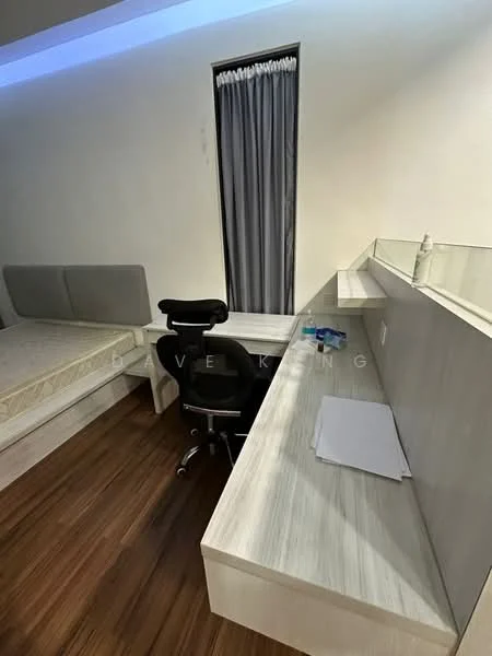 Bedroom features: queen-size bed, upholstered headboard, wooden flooring, desk with storage, ergonomic office chair, curtains, wall-mounted shelf, recessed lighting, neutral wall color; style: modern.