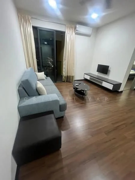 Living features: grey fabric L-shape sectional sofa, black leather ottoman, round coffee table, wall-mounted TV, TV console in white and grey, wooden flooring, cream curtains, air conditioning unit, floor-to-ceiling windows; style: modern; view: city.
