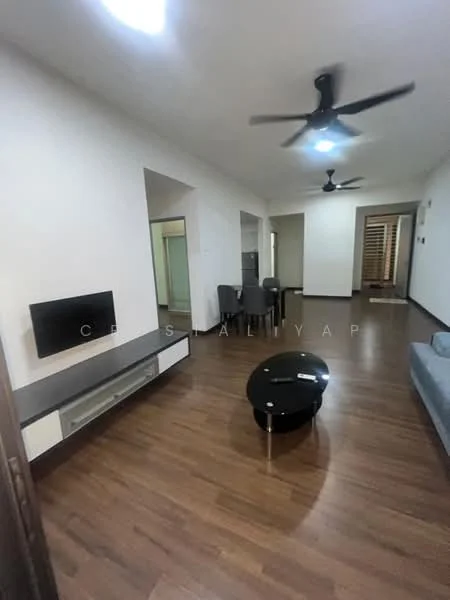 Living features: laminate wood flooring, white painted walls, 5-blade ceiling fan with light, wall-mounted TV, TV console, coffee table, 2-seater fabric sofa in grey, open layout, doorway to other rooms; style: modern.