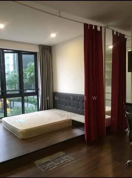 Bedroom features: queen-size bed, upholstered headboard, floor-to-ceiling windows, grey curtains, red sheer curtains, wooden flooring, built-in wardrobe, decorative area rug; style: modern; view: garden.