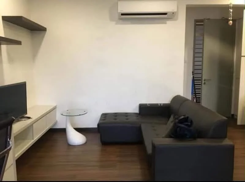 Living features: dark grey sectional sofa, white coffee table, wall-mounted TV, wooden flooring, wall-mounted shelves, air conditioning unit, light fixture, open door to hallway; style: modern.