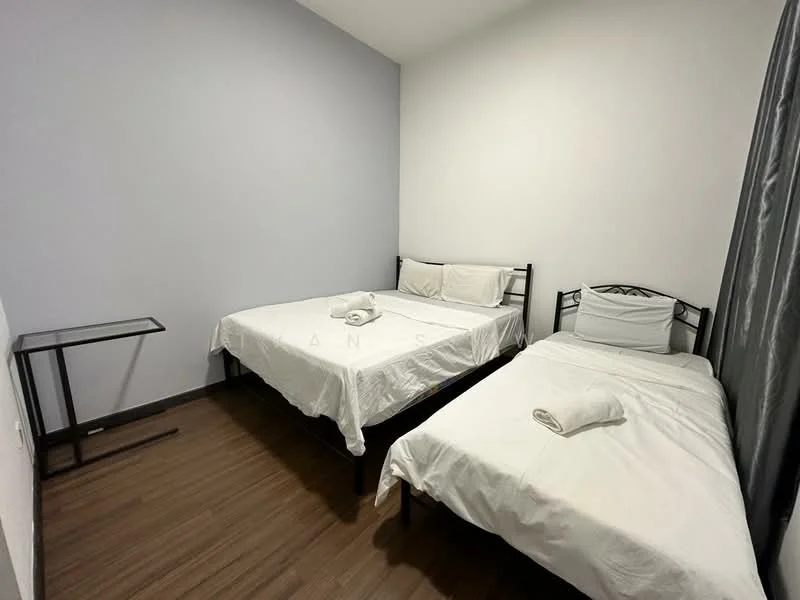 Bedroom features: two beds, queen-size bed with white bedding, single bed with white bedding, wooden flooring, light grey accent wall, white painted walls, curtains in grey, small side table; style: modern.