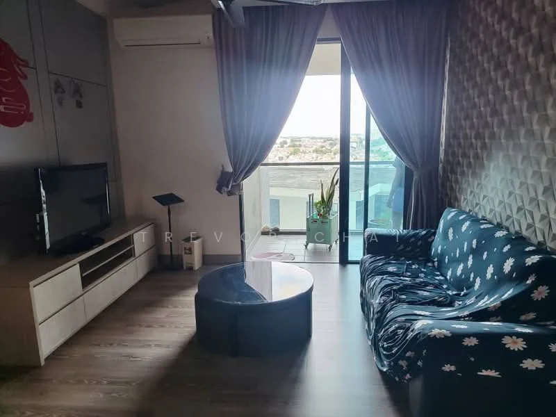 Living features: blue fabric sofa with floral pattern, round glass coffee table, wall-mounted TV, white TV console, wooden flooring, floor-to-ceiling windows, curtains, decorative wall with textured pattern, air conditioning unit; style: modern; view: city.