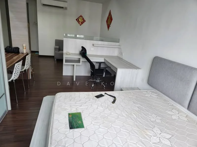 Bedroom features: queen-size bed, upholstered headboard, wooden flooring, desk with chair, dining table with chairs, air conditioning unit, wall-mounted decorations, window with natural light, built-in wardrobe, decorative wall paneling; style: modern.