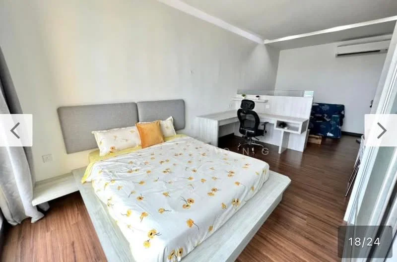 Bedroom features: queen-size bed with floral bedding, upholstered headboard, wooden flooring, desk with chair, window with sheer curtains, air conditioning unit, built-in wardrobe, decorative wall, light-colored walls, study area; style: modern.