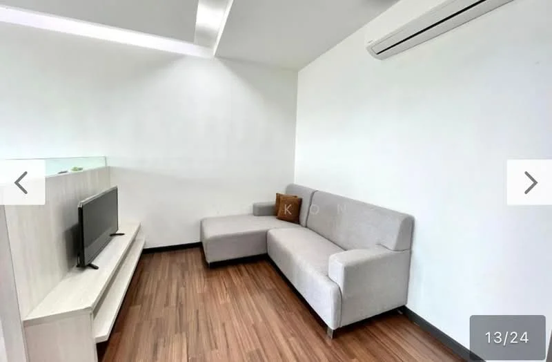 Living features: light grey fabric L-shape sectional sofa, wooden flooring, white painted walls, wall-mounted TV, white TV console, air conditioning unit, decorative throw pillow, recessed ceiling lights; style: modern.