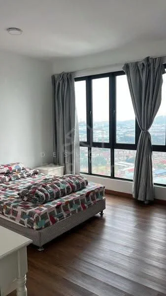 Bedroom features: queen-size bed with patterned bedding, wooden flooring, floor-to-ceiling windows, grey curtains, white painted walls, decorative wall art, nightstand, table lamp; style: modern; view: city.