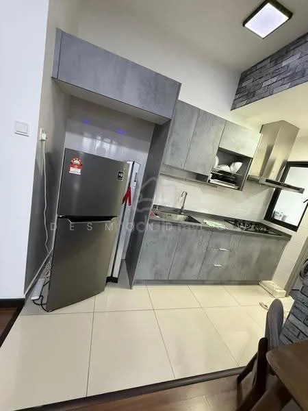 Kitchen features: grey cabinetry, black countertop, stainless-steel fridge, built-in oven, 4-burner gas hob, single-bowl stainless-steel sink, chrome pull-down faucet, tile flooring, recessed ceiling lights, open shelving, wall-mounted cabinets, exposed brick accent wall; style: modern.