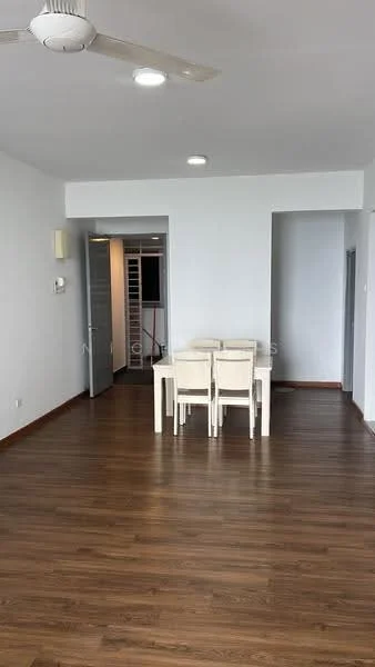 Living features: laminate wood flooring, white painted walls, 5-blade ceiling fan with light, recessed downlights, dining table with 4 chairs, doorway leading to hallway, doorway leading to another room, window with natural light; style: modern.