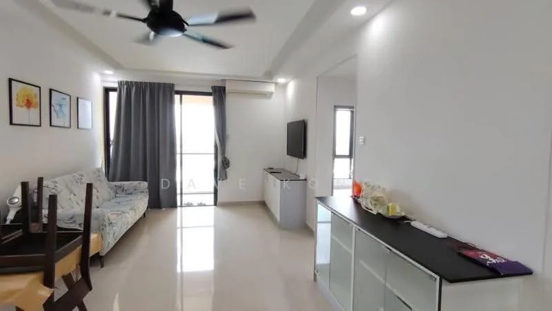 Living features: 3-seater fabric sofa in light blue, ceiling fan with light, wall-mounted TV, TV console, white sideboard, large windows with sheer curtains, light-colored walls, polished tile flooring, decorative artwork on walls, dining table with chairs; style: modern.