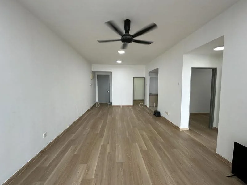 Living features: light wood laminate flooring, white painted walls, 5-blade ceiling fan with light, recessed downlights, doorway leading to another room, doorway leading to hallway, large windows, no visible furniture; style: modern.