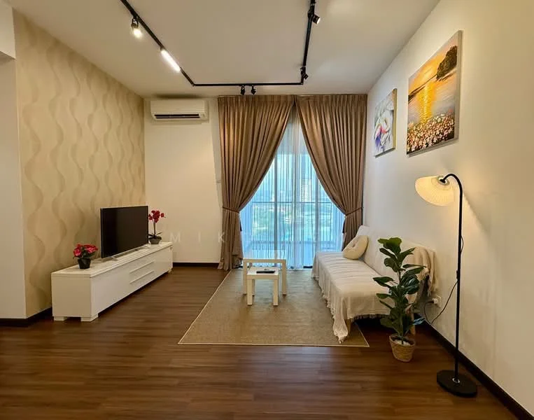 Living features: wooden flooring, white painted walls, feature wall with wavy pattern, floor-to-ceiling windows, sheer curtains, TV console in white, wall-mounted TV, sofa in white fabric, coffee table in white, area rug in beige, decorative plant in ceramic pot, wall art with landscape, floor lamp; style: modern; view: city.