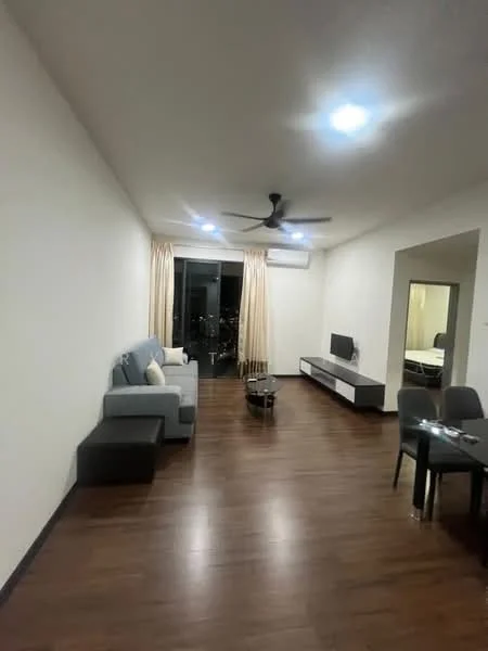 Living features: grey fabric sofa, wooden coffee table, TV console, wall-mounted TV, 5-blade ceiling fan with light, recessed downlights, floor-to-ceiling windows, curtains, laminate flooring, neutral painted walls, decorative wall mirror; style: modern; view: city.