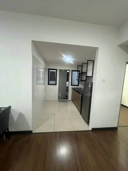 Room features: white painted walls, tile flooring, recessed downlights, open layout, kitchen area visible, black cabinetry, stainless-steel appliances, dining area visible, wood flooring in adjacent area, multiple windows, doorway leading to another room; style: modern.