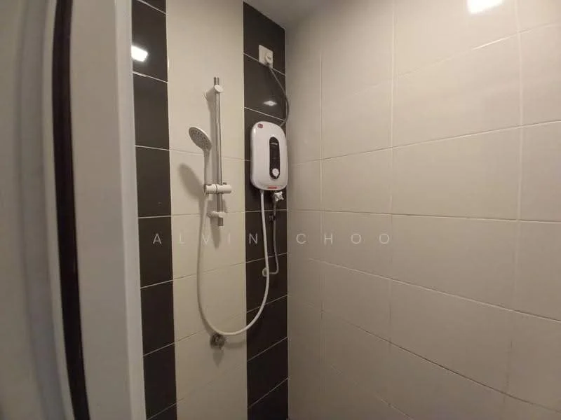 Bathroom features: white tiled walls, black accent tiles, shower head, handheld shower, water heater, sliding glass shower door, tile flooring, chrome faucet; style: modern.