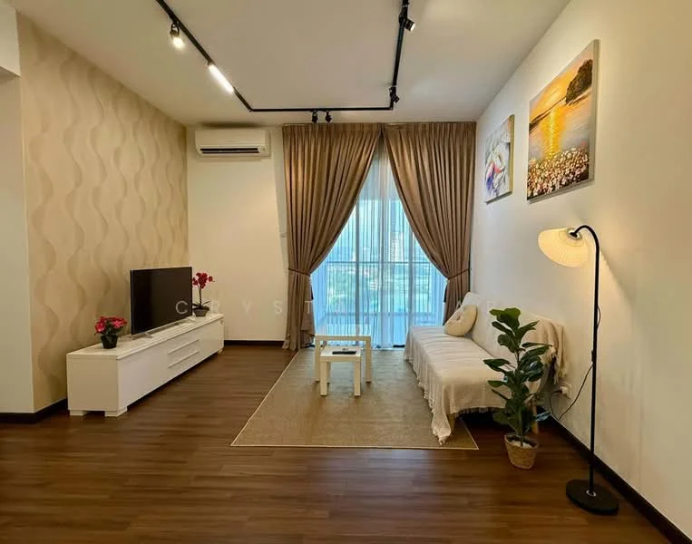 Living features: wooden flooring, white painted walls, cream accent wall with wavy pattern, floor-to-ceiling windows, sheer curtains, 3-seater fabric sofa in white, coffee table, TV console in white, wall-mounted TV, decorative plant in pot, area rug, standing floor lamp, framed artwork on walls; style: modern; view: city.