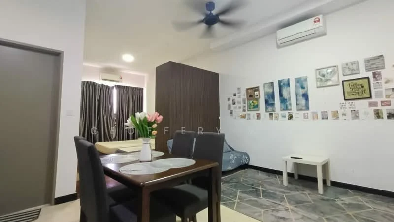 Living features: dark wood dining table with four chairs, ceiling fan, wall-mounted air conditioning unit, decorative wall with framed artwork and photos, grey sofa, tile flooring with geometric pattern, white walls, light fixture on ceiling; style: modern.