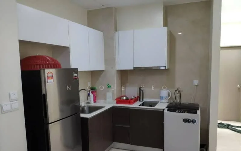 Kitchen features: stainless-steel fridge, single-bowl stainless-steel sink, chrome pull-down faucet, white laminate countertop, white upper cabinets, dark brown lower cabinets, built-in washing machine, tile backsplash, wall-mounted electrical outlets, open shelving, kitchen utensils on countertop, red plastic container on countertop; style: modern.