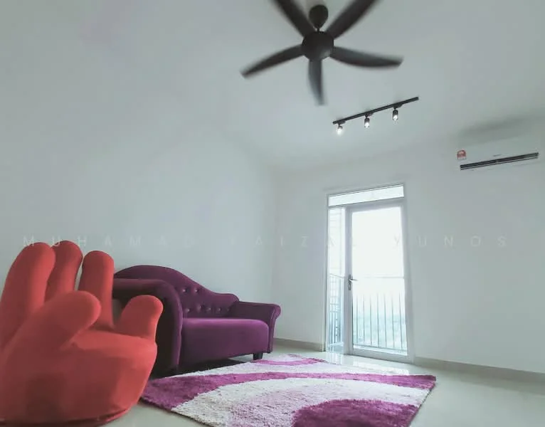 Living features: 5-blade ceiling fan, purple fabric sofa, red accent chair, area rug with geometric pattern, floor-to-ceiling window, sliding glass door, wall-mounted split AC, recessed LED downlights, cream painted walls, light-colored tile flooring; style: modern; view: city.