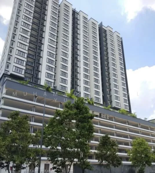 Exterior type: high-rise condominium; features: white painted facade, glass curtain wall, recessed balconies, approximately 15-storey high-rise, manicured landscaping, multiple levels of parking, large windows, greenery along balconies; style: modern.