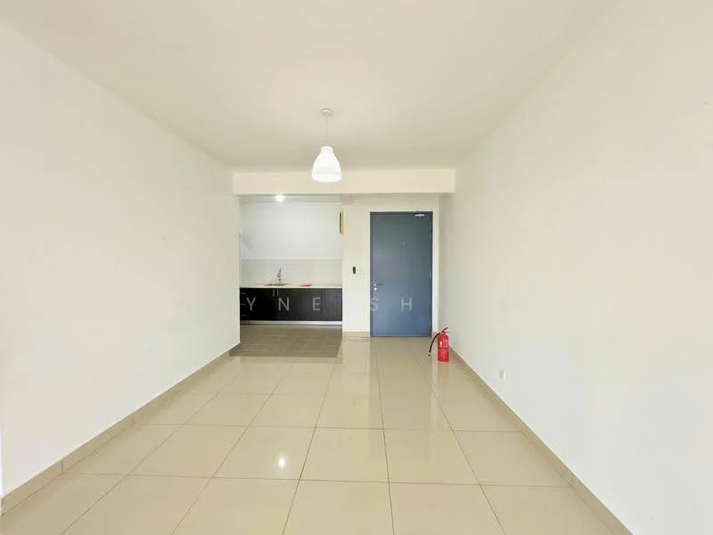Living features: white painted walls, glossy beige tile flooring, single pendant light, fire extinguisher, open layout to kitchen, doorway to hallway, no visible furniture; style: modern. Kitchen features: black cabinetry, grey countertop, stainless-steel sink, built-in stove, open layout to living area; style: modern.