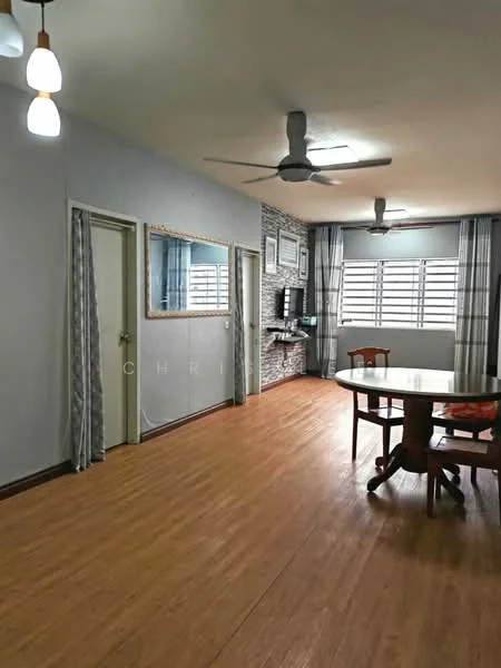 Living features: laminate flooring, grey painted walls, exposed brick accent wall, 5-blade ceiling fan, recessed downlights, large windows with horizontal bars, curtains, round dining table, wooden dining chairs, wall-mounted TV, mirror on wall, doorway to adjacent room; style: modern.