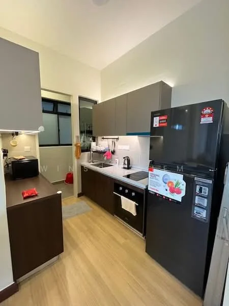 Kitchen features: grey flat-panel cabinets, white countertop, single-bowl stainless-steel sink, chrome pull-down faucet, built-in oven, freestanding range oven, stainless-steel fridge, microwave, tile backsplash, wood laminate flooring, recessed downlights, window with sheer curtains; style: modern.