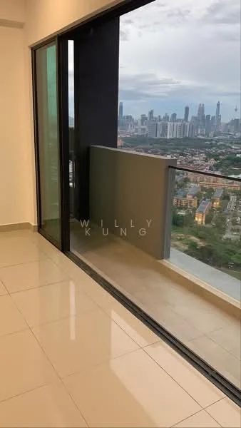 Room features: floor-to-ceiling windows, sliding glass door, balcony, city view, grey tiled flooring, white painted walls, recessed downlights; style: modern; view: city.