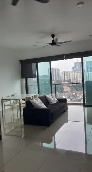 Living features: 3-seater fabric sofa in dark brown, ceiling fan, floor-to-ceiling windows, sliding glass door, white painted walls, glossy tile flooring, dining table with chairs, city skyline view; style: modern; view: city.