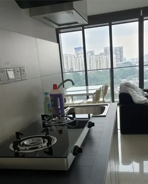 Kitchen features: black glass cooktop with two burners, stainless-steel sink, chrome pull-down faucet, white tiled walls, white cabinetry, marble countertop, floor-to-ceiling windows, city skyline view, recessed downlights, open shelving, appliances visible on countertop; style: modern; view: city.