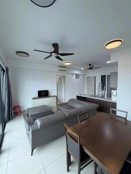 Living features: 3-seater leather sofa in grey, coffee table, TV console, wall-mounted TV, dining table with 4 chairs, 2 ceiling fans, recessed downlights, sliding glass door, floor-to-ceiling windows, grey curtains, tile flooring, white painted walls; style: modern; view: city.