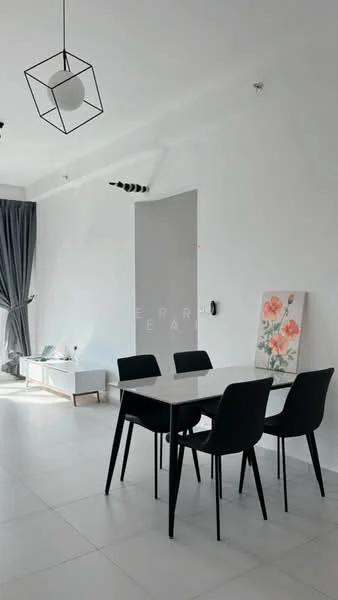 Dining features: white walls, grey tiled flooring, square dining table with white top, 4 black dining chairs, pendant light fixture with geometric design, floor-to-ceiling window with sheer curtains, decorative wall art with floral pattern, sideboard with storage; style: modern.