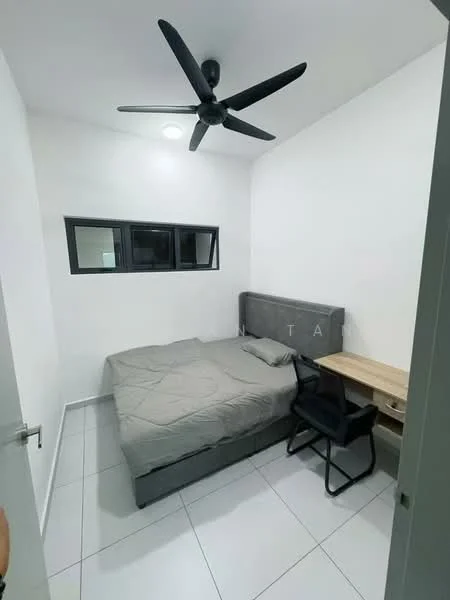 Bedroom features: queen-size bed with grey bedding, upholstered headboard, black ceiling fan, white painted walls, white tiled flooring, desk with wooden surface, black chair, window with black frame, LED ceiling light; style: modern.