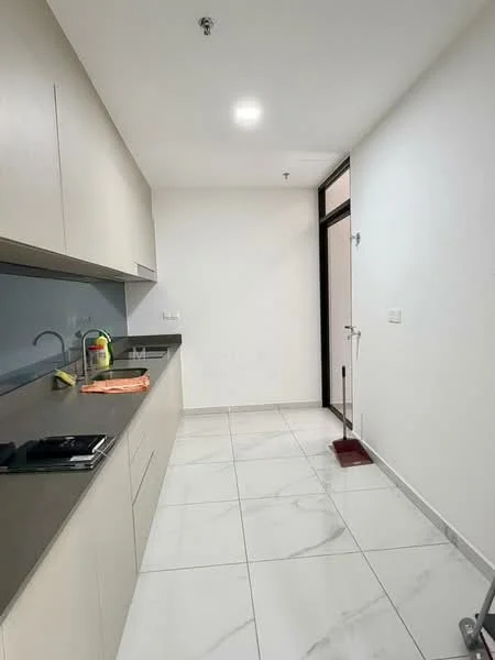 Kitchen features: light grey cabinetry, white marble countertop, grey backsplash, stainless-steel sink, chrome pull-down faucet, built-in stove, white tiled flooring, recessed LED downlights; style: modern.