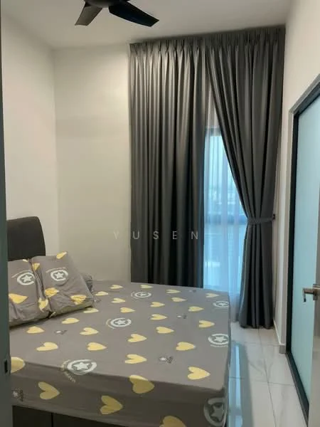 Bedroom features: queen-size bed with grey headboard, grey bedding with heart pattern, floor-to-ceiling window, grey curtains, white painted walls, glossy tile flooring, ceiling fan, decorative wall art; style: modern; view: city.