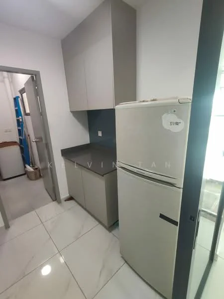 Kitchen features: grey cabinetry, white refrigerator, black countertop, white tiled flooring, wall-mounted cabinets, single-bowl stainless-steel sink, chrome faucet, back wall with no visible features; style: modern.
