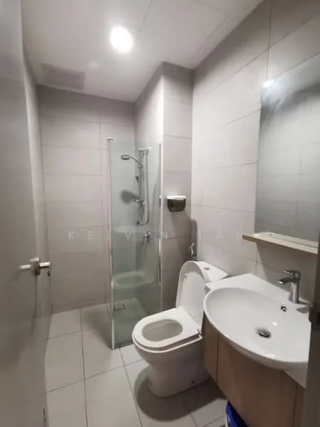 Bathroom features: grey tiled walls, white tiled flooring, glass shower enclosure, rain shower head, handheld shower, single-sink vanity with wood cabinet, chrome basin mixer, framed mirror, one-piece toilet, toilet paper holder, LED ceiling light; style: modern.
