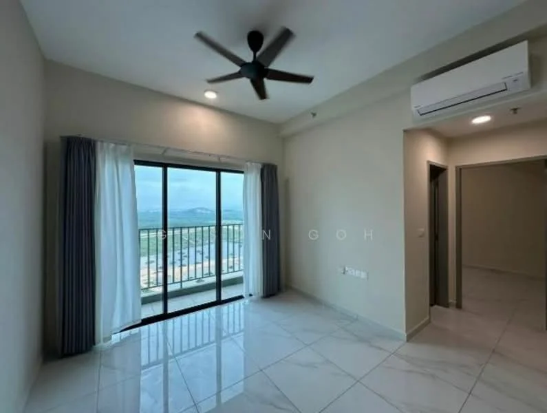 Living features: floor-to-ceiling windows, sliding glass door, white painted walls, marble tile flooring, 5-blade ceiling fan with light, curtains, air conditioning unit, balcony view; style: modern; view: mountain.