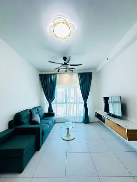 Living features: 3-seater fabric sofa in teal, L-shape sectional sofa, round coffee table with white top, wall-mounted TV, TV console with wooden drawers, floor-to-ceiling windows, sheer curtains in white, curtains in teal, ceiling fan with light, recessed downlights, white painted walls, tile flooring; style: modern; view: city.
