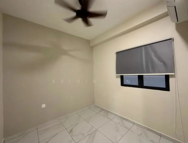 Room features: light grey painted walls, white ceiling, marble tile flooring, 1 wall-mounted split AC, 5-blade ceiling fan, blackout roller blinds, floor-to-ceiling window, window with city view; style: modern; view: city.