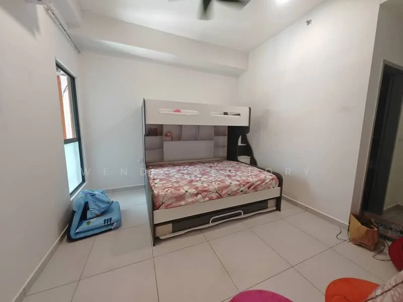 Bedroom features: queen-size bed, upholstered headboard, bedding with floral pattern, built-in wardrobe, floor-to-ceiling window, white painted walls, tile flooring, ceiling fan, decorative rug, study desk, wall-mounted shelf; style: modern.