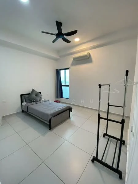 Bedroom features: white painted walls, tile flooring, 5-blade ceiling fan, recessed downlights, single bed, grey bed linens, window with sheer curtains, clothes rack, air conditioning unit; style: modern.